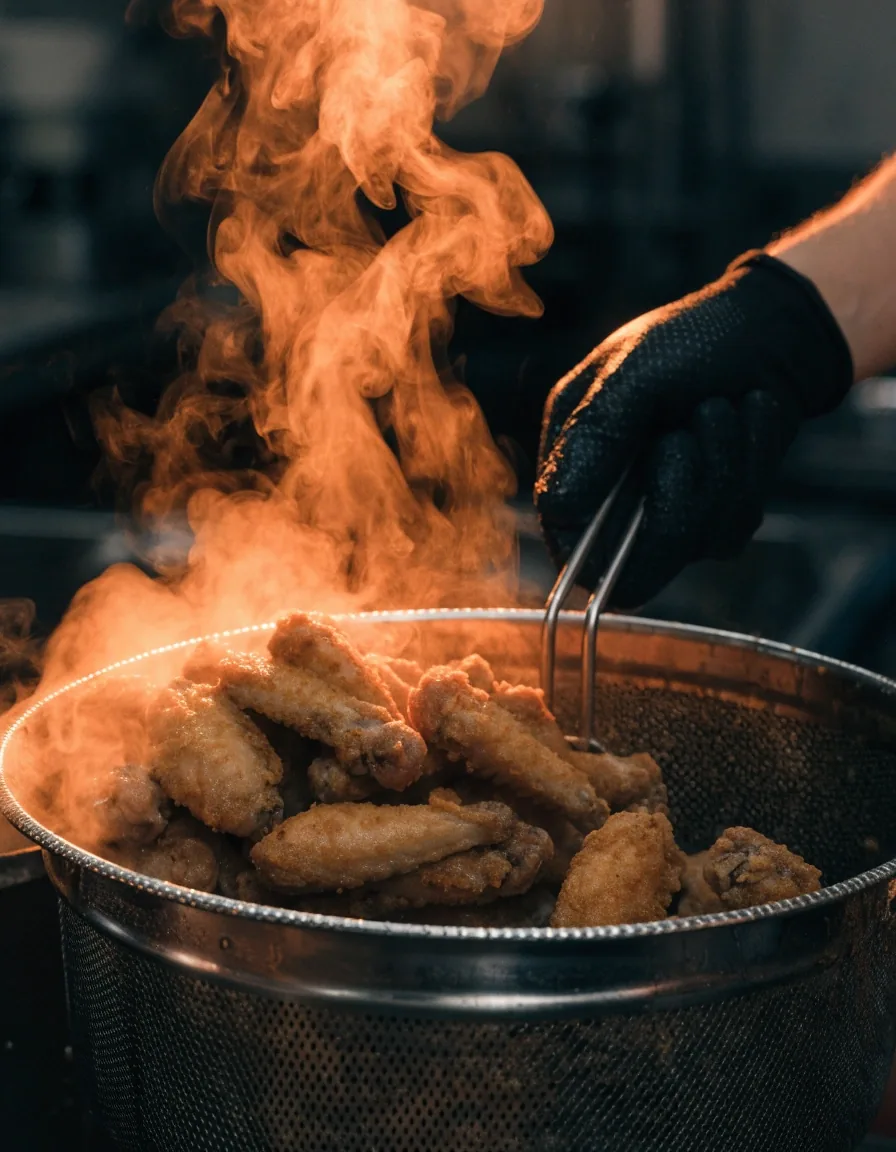Fryer basket of steaming wings lifted under warm kitchen light