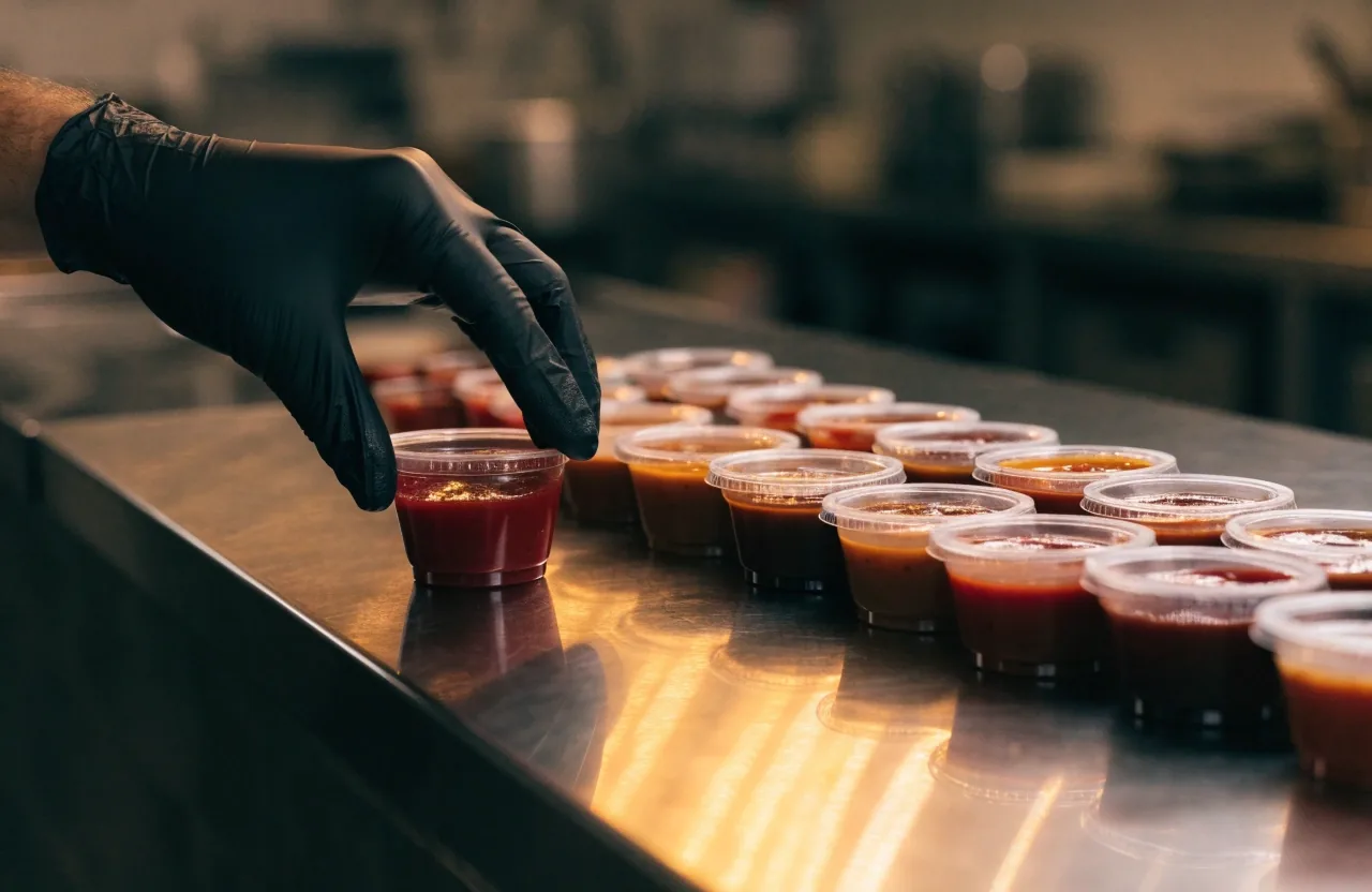 Small cups of wing sauces in a row under warm light