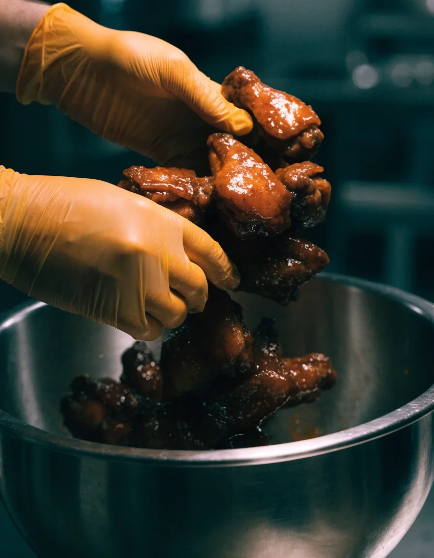 Hand tossing wings in sauce in a metal bowl