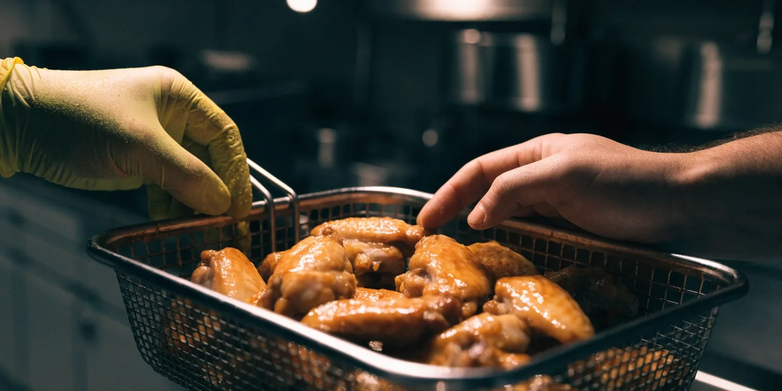 Prep counter with wing baskets and sauce bowl in warm light