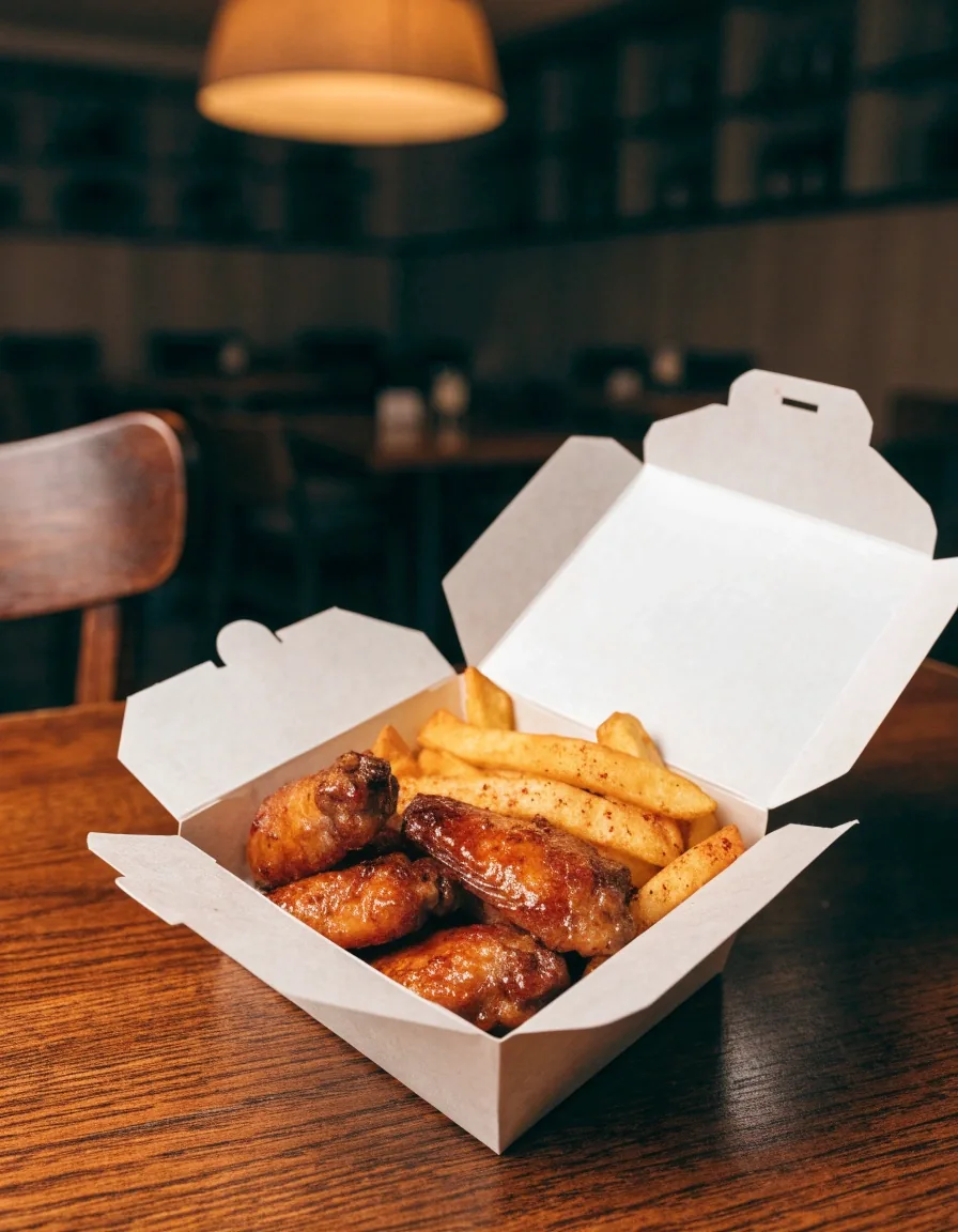 Sauce-glazed wings in a stainless tray under warm light