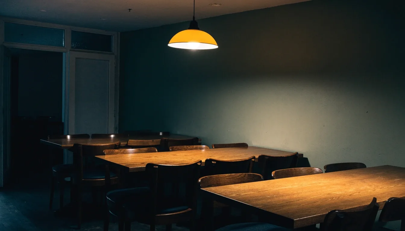 Empty dining room at closing time under warm light