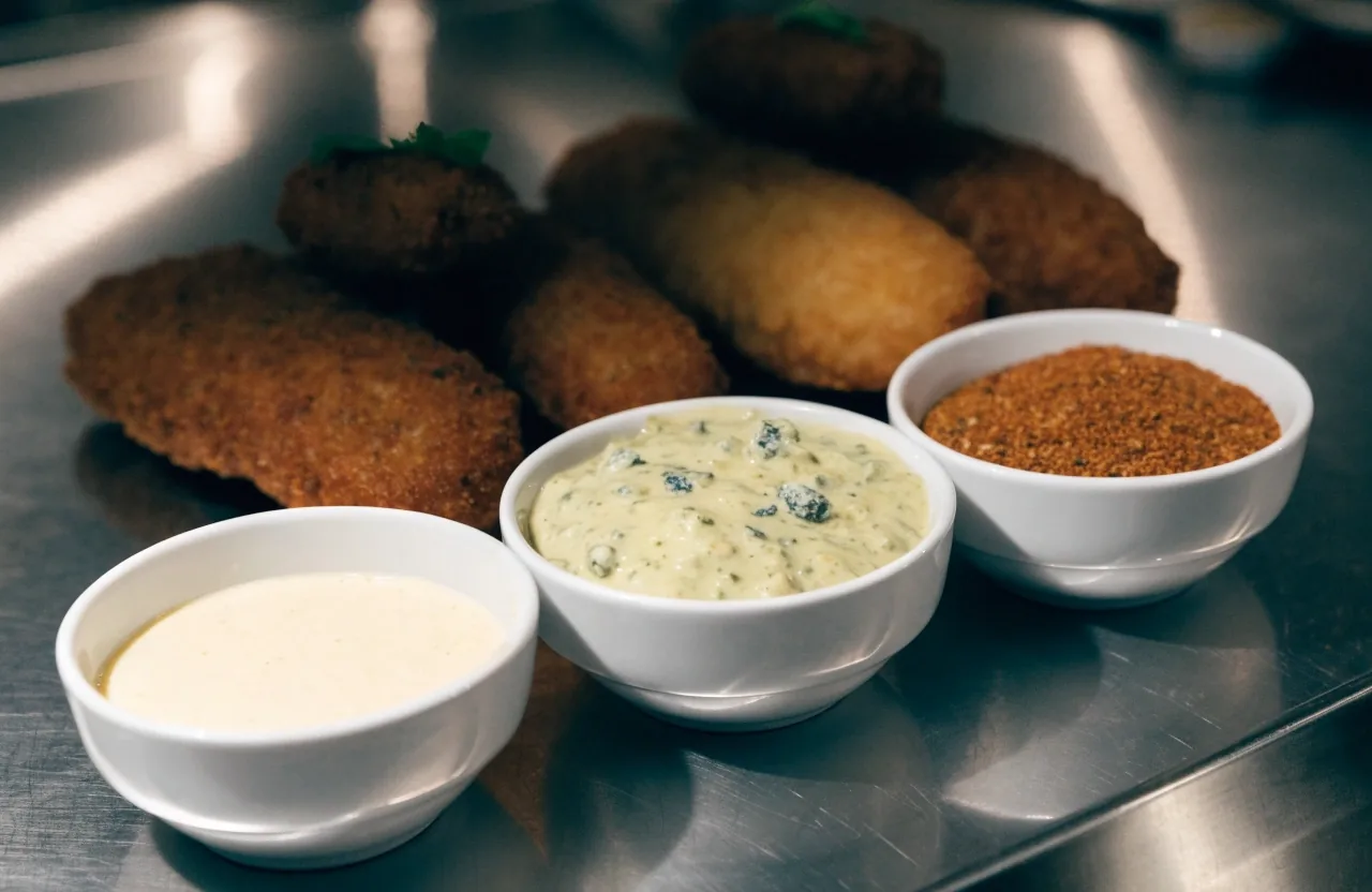 Prep counter with wing baskets and sauce bowls