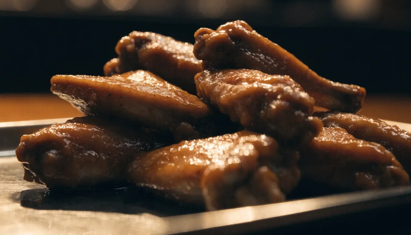 Sauce-glazed chicken wings under warm light