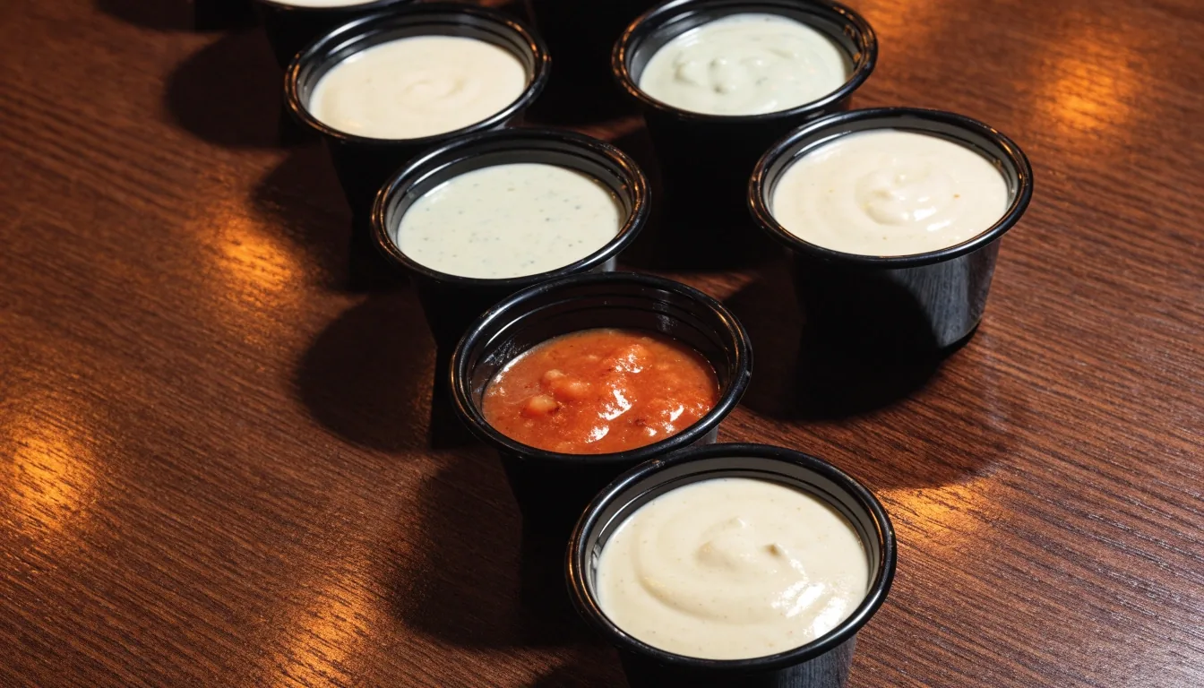 Small sauce cups under warm light