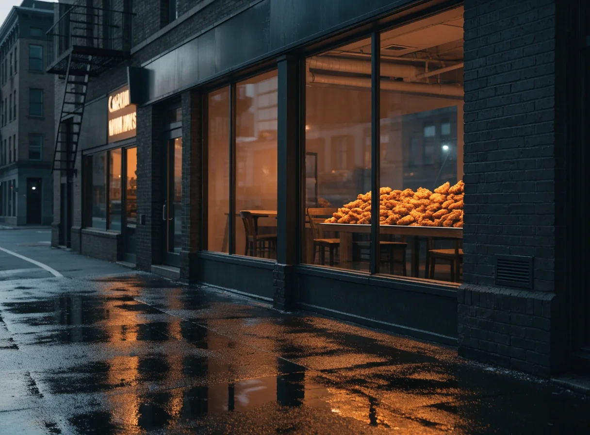 Wet Toronto sidewalk with warm light reflections