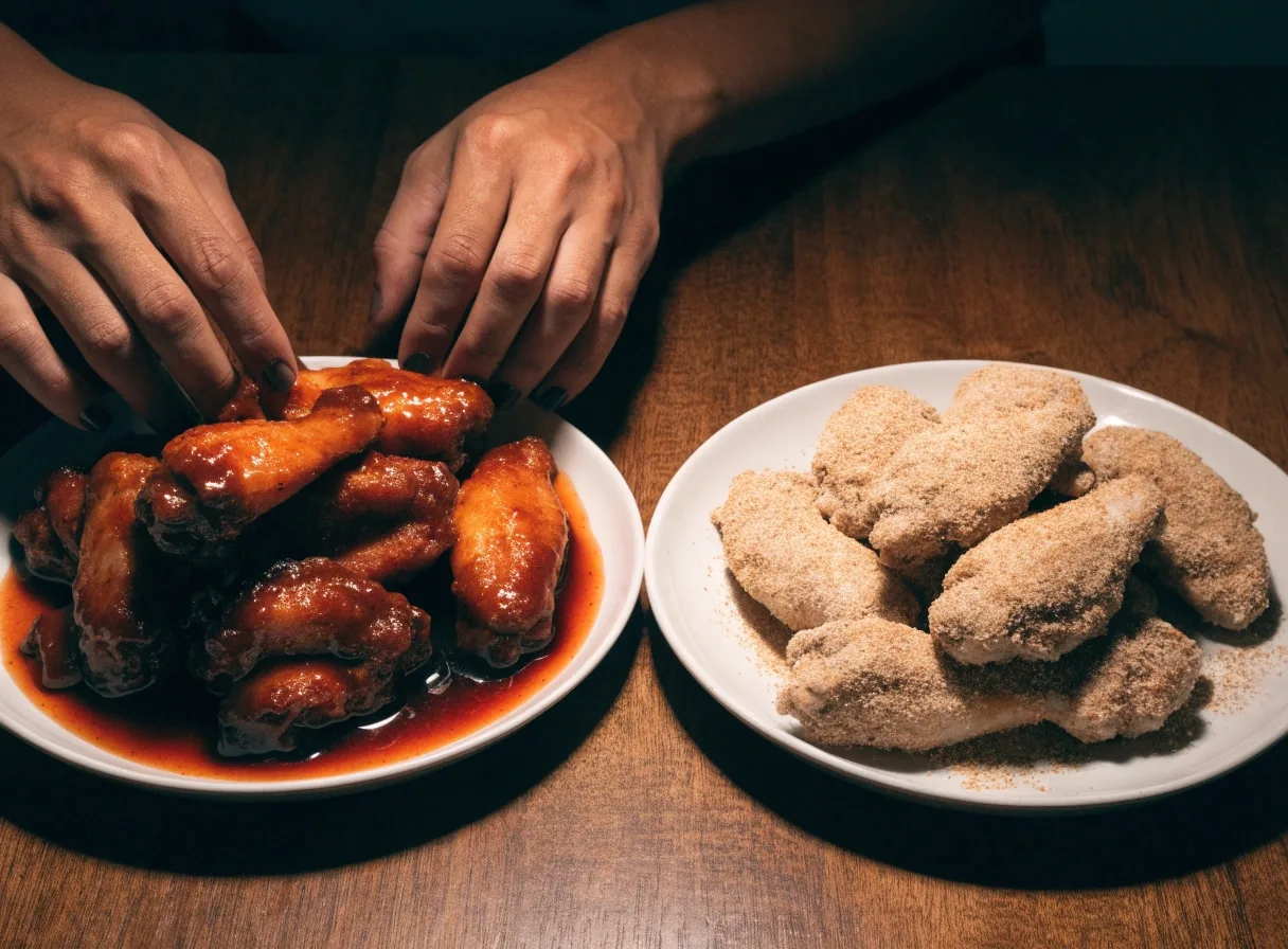 Glossy sauced wings beside dry-rubbed wings