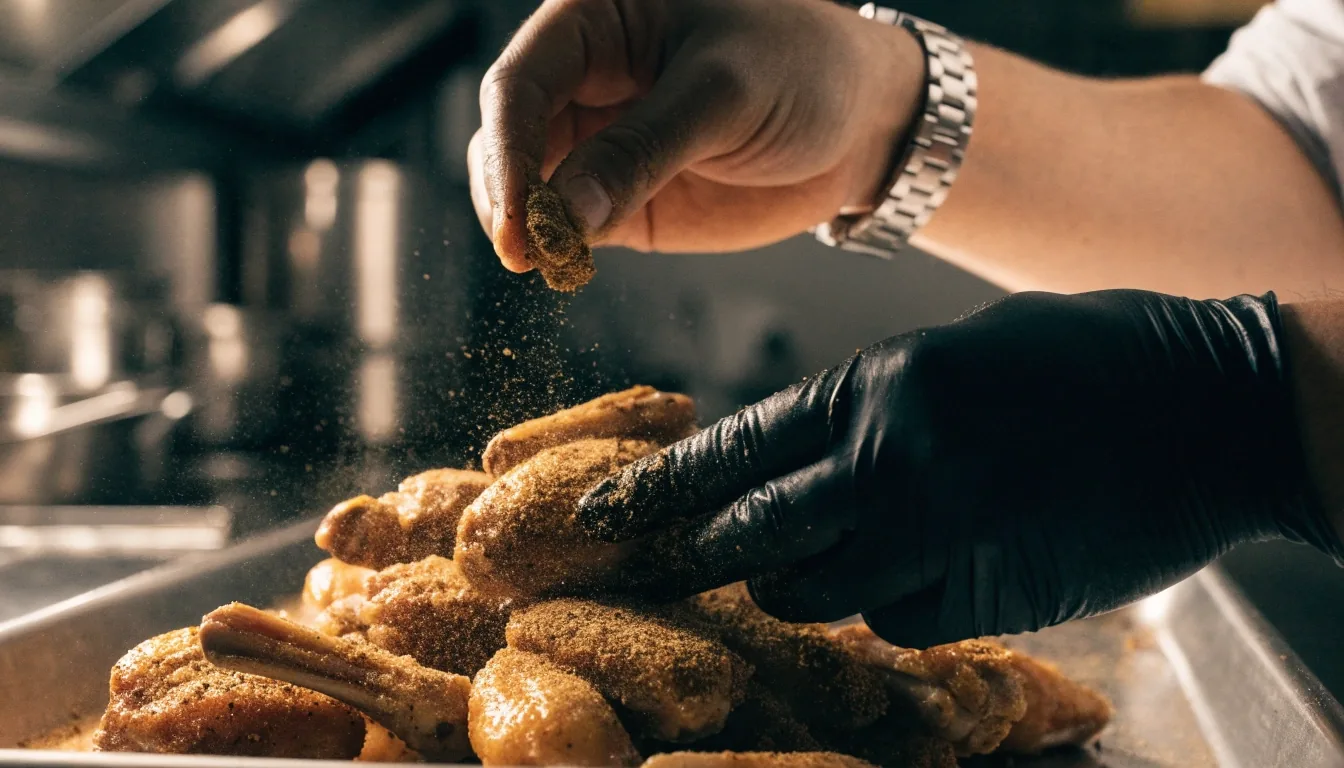 Hands tossing wings in sauce in a steel bowl