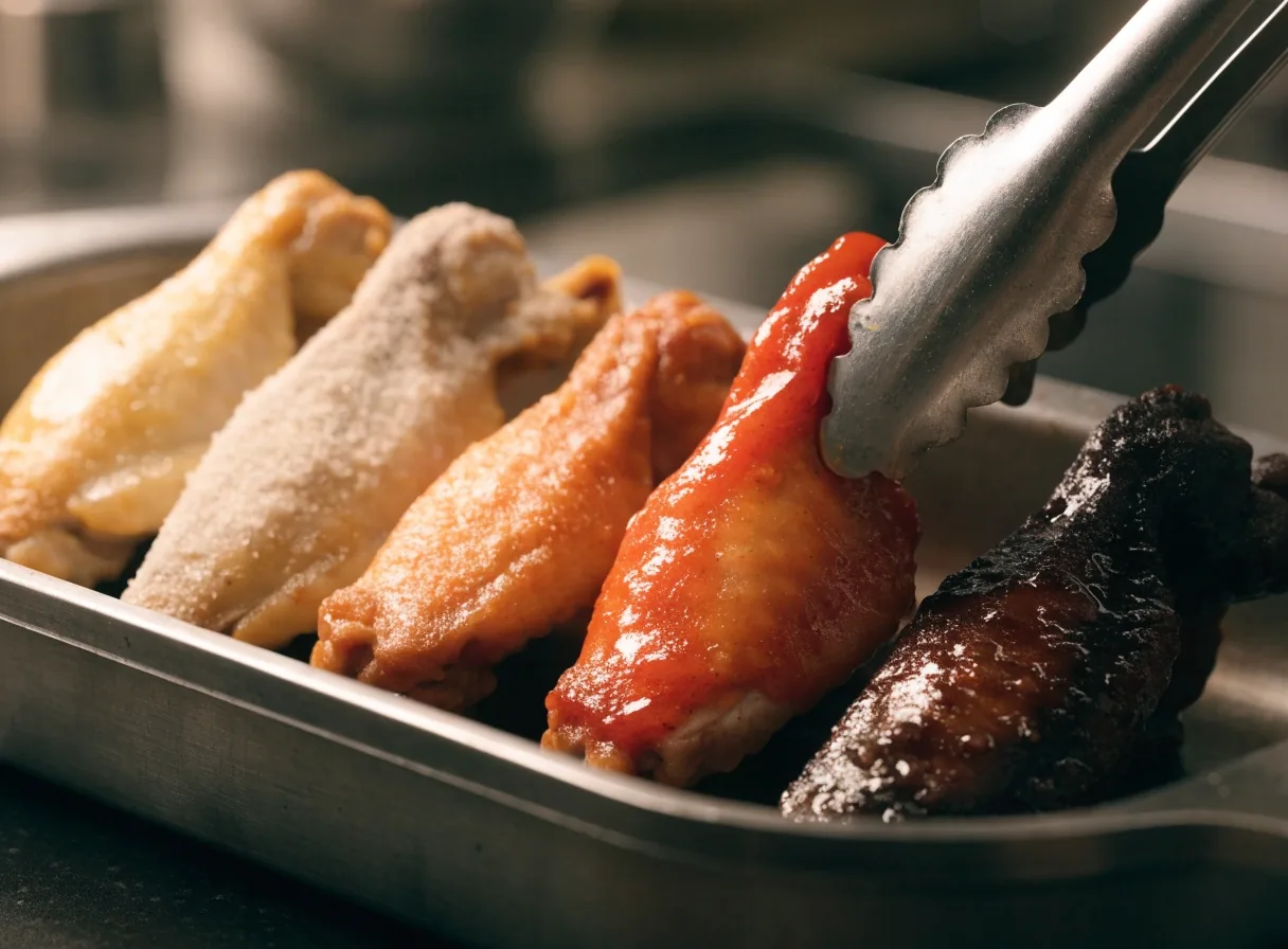 Row of wing sauces from mild to hot