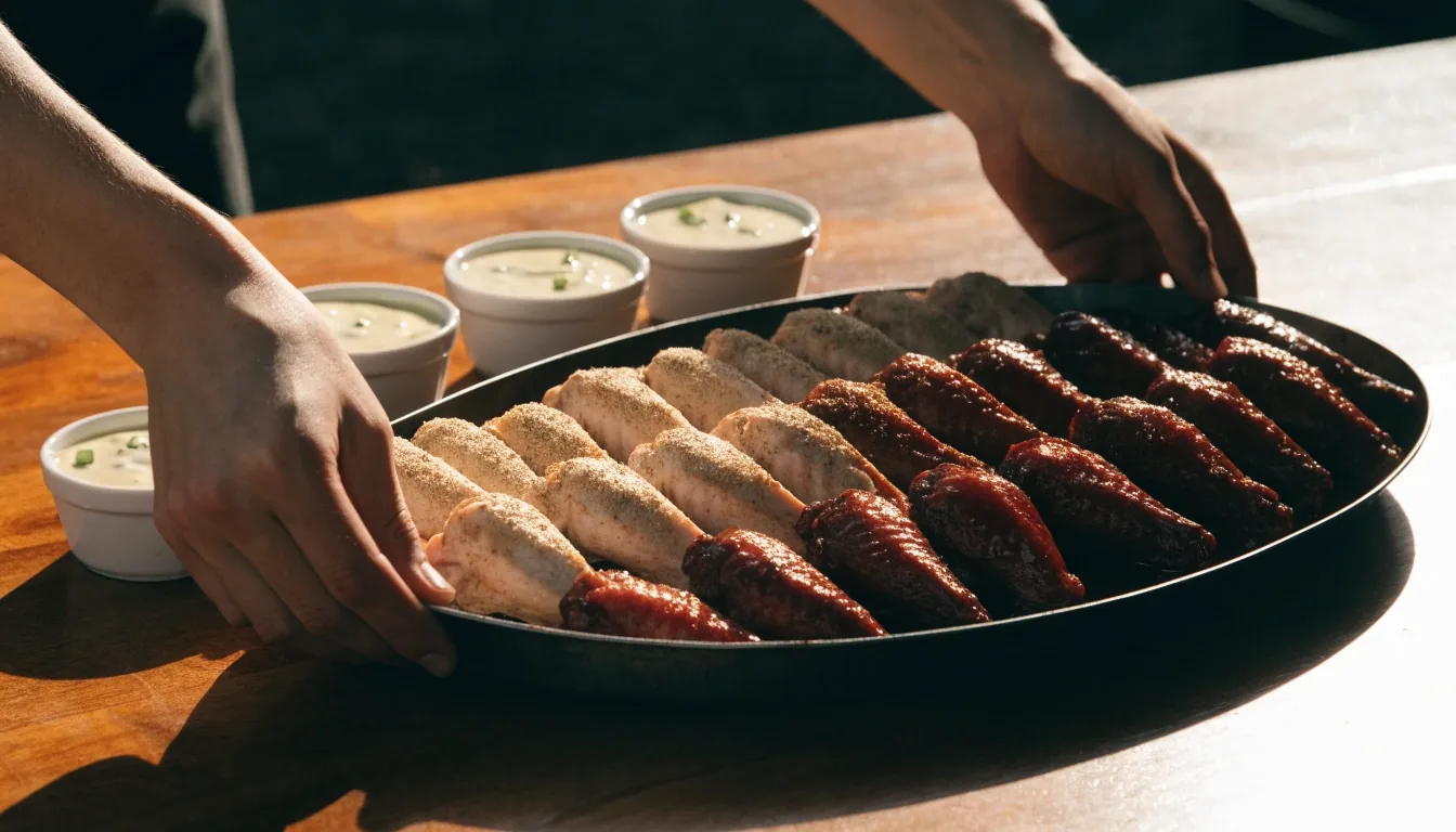 Sauce-glazed bone-in wings under warm overhead light