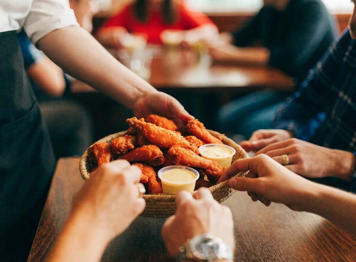 Sauce beading on crisp wing skin