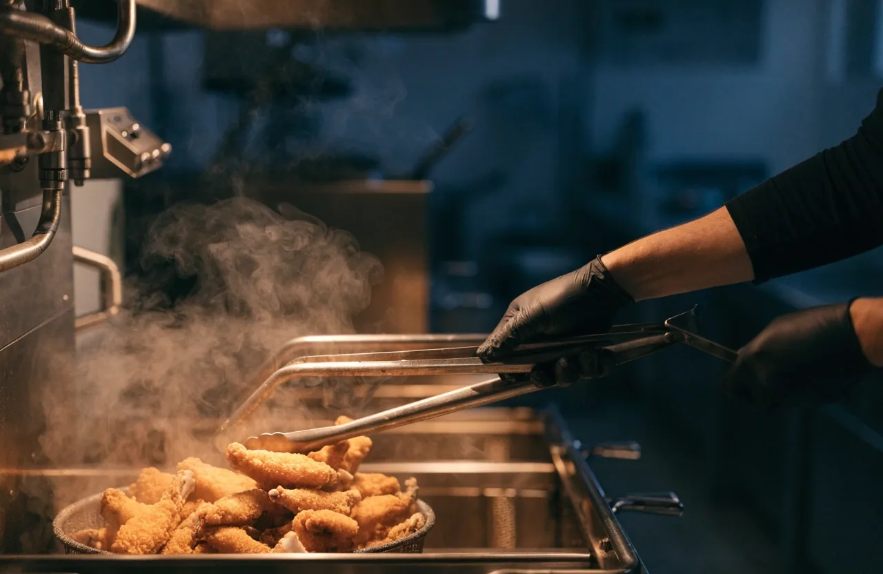 Fryer basket with steam in warm light
