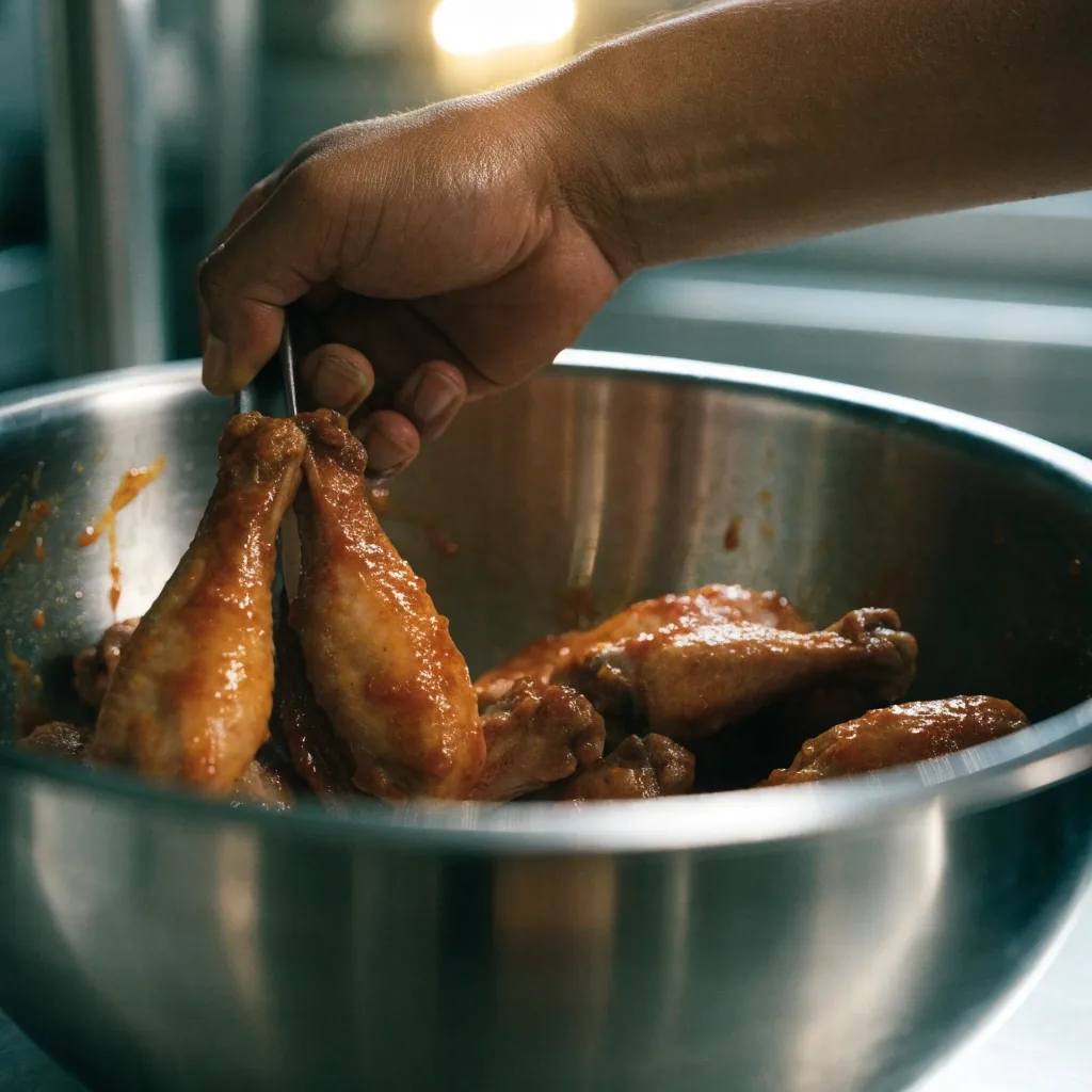Hand tossing wings in sauce