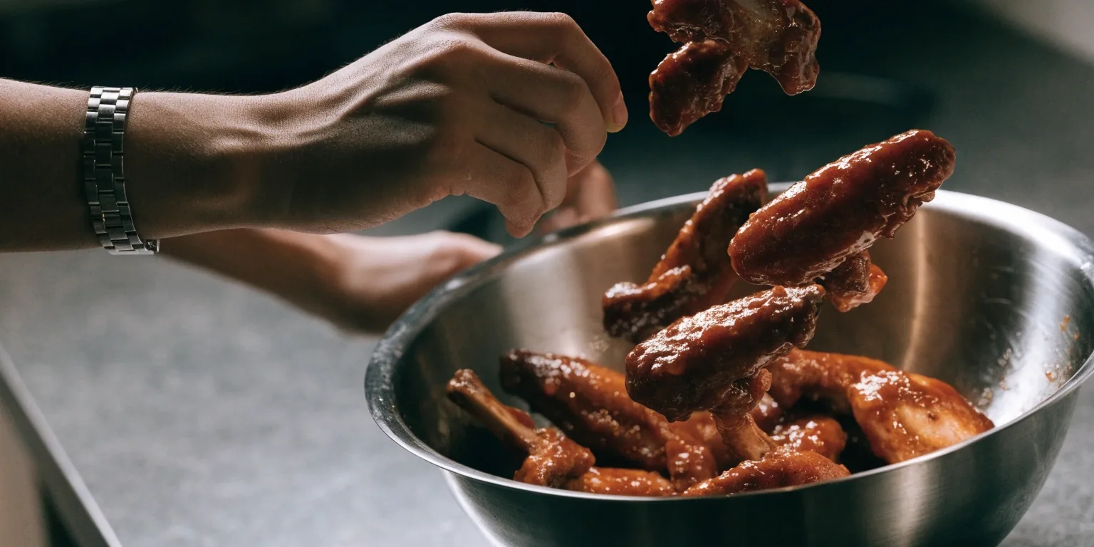 Close view of hands tossing chicken wings in glossy sauce in a stainless bowl