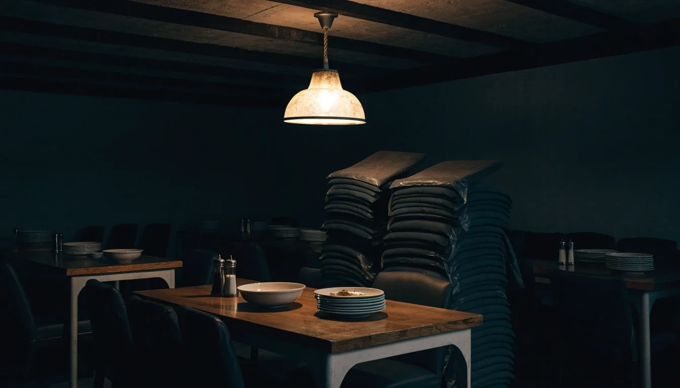 Empty chicken wing restaurant dining room at closing time under one warm overhead light