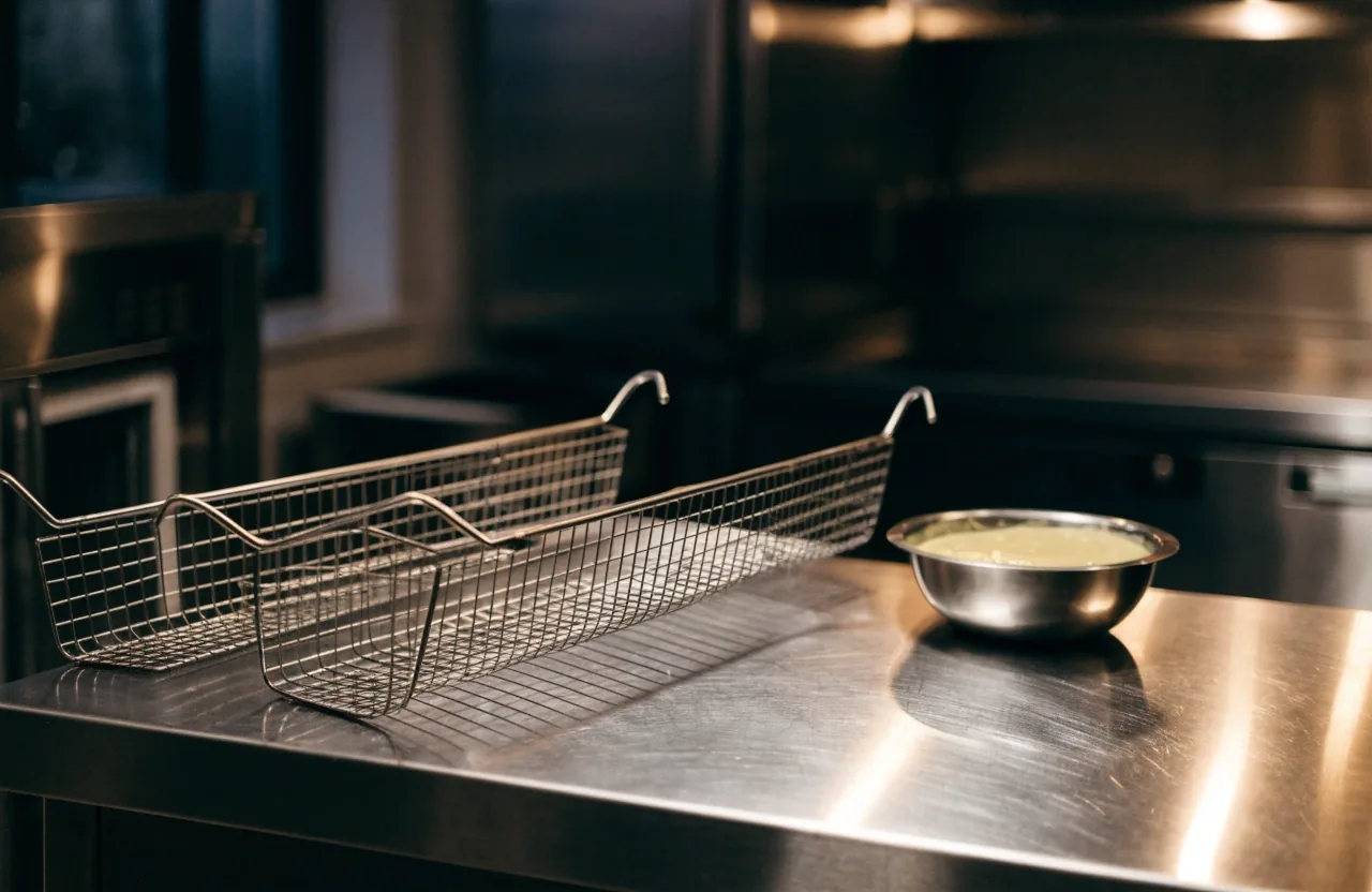 Stainless restaurant prep counter with wing baskets and sauce bowl in warm light