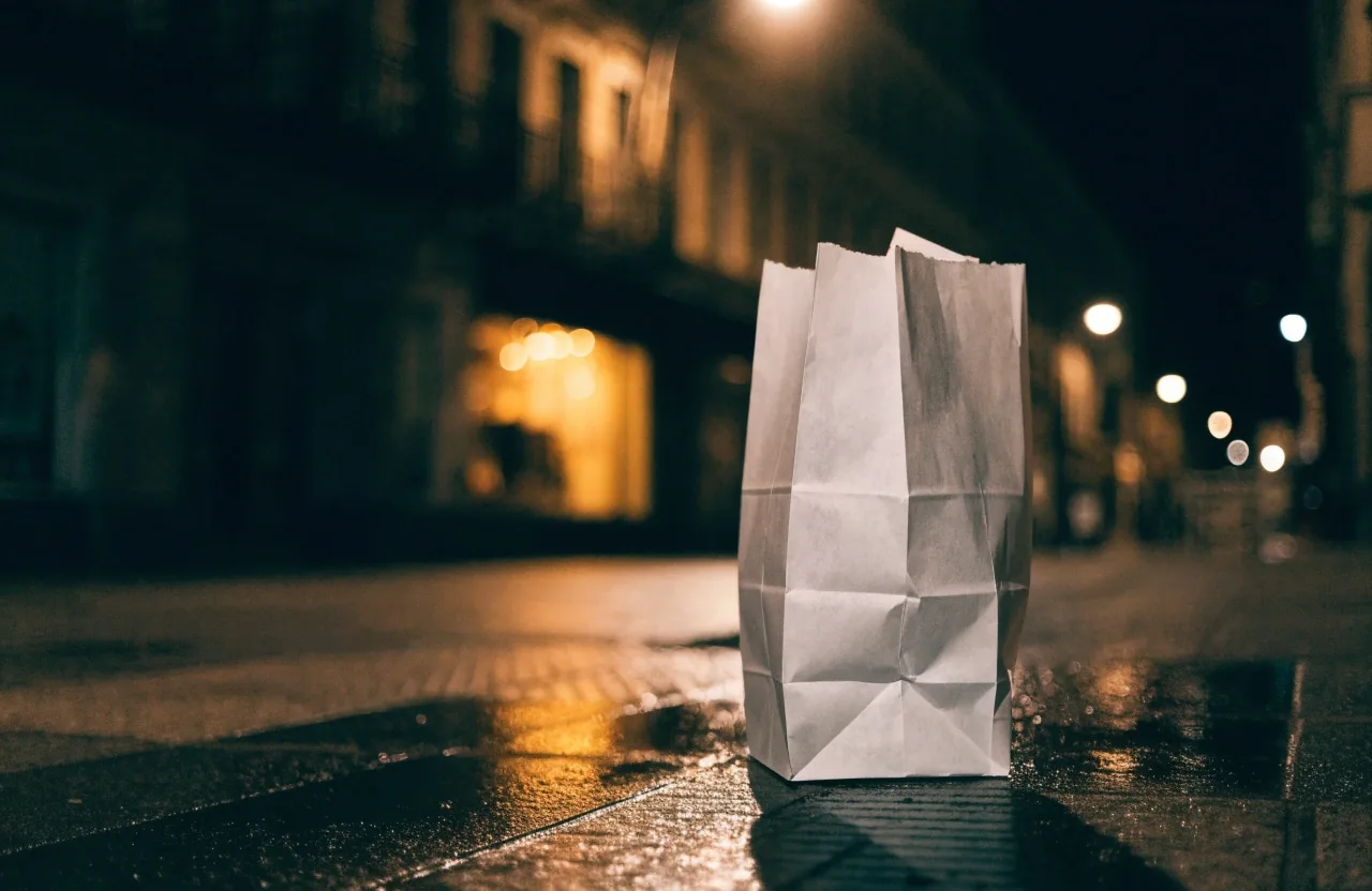 Unmarked paper takeout bag on a wet sidewalk at night