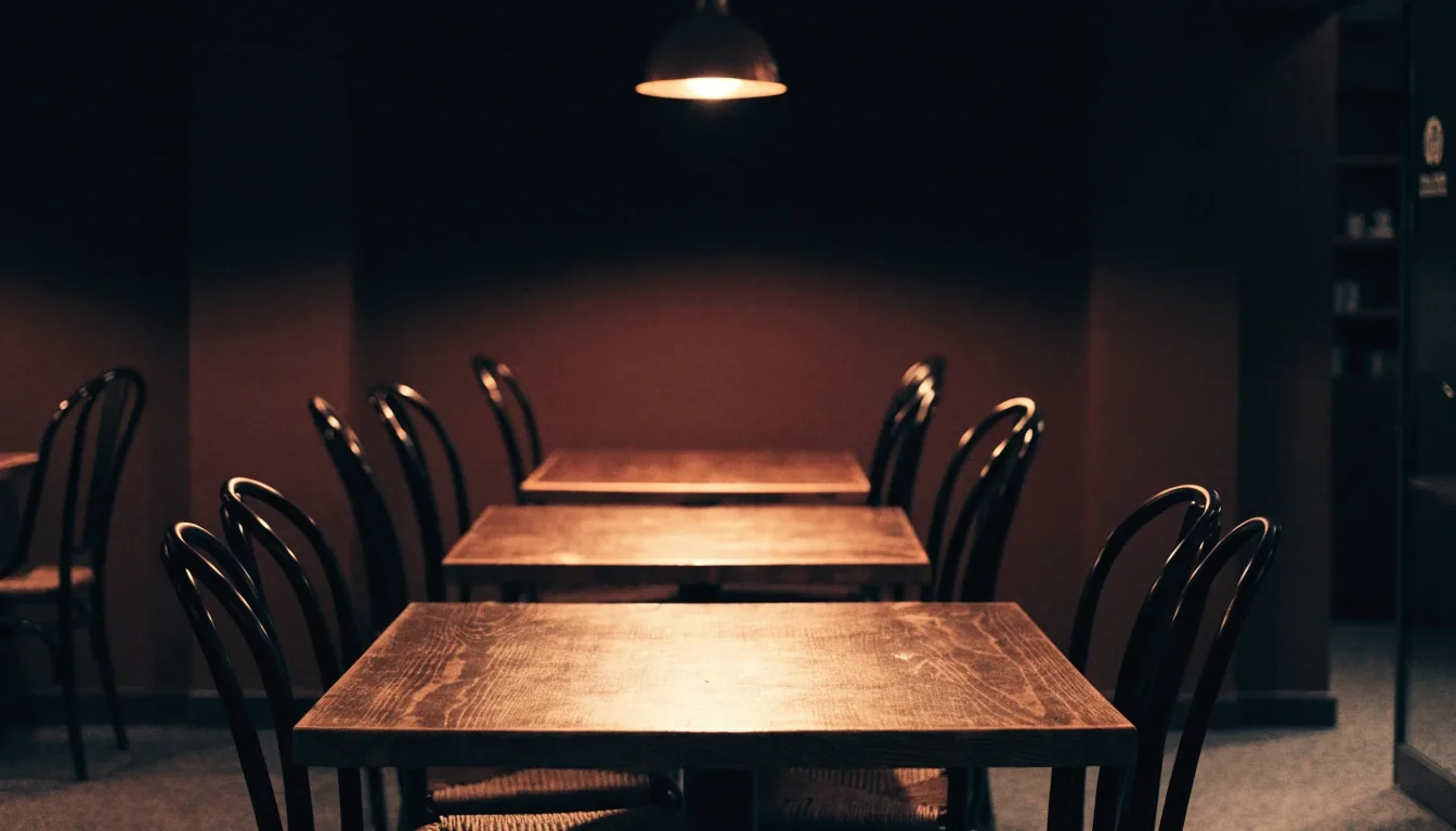 Quiet Wingstop dining room at closing time under warm light
