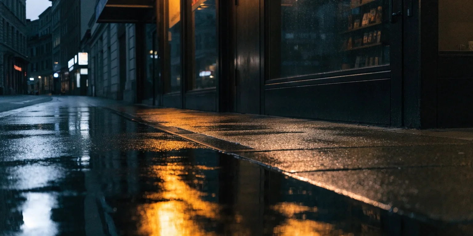 Wet Toronto sidewalk at night with warm light reflections