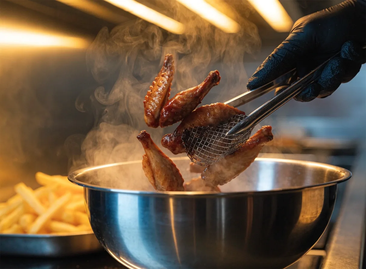 Hand tossing glazed wings in a stainless bowl