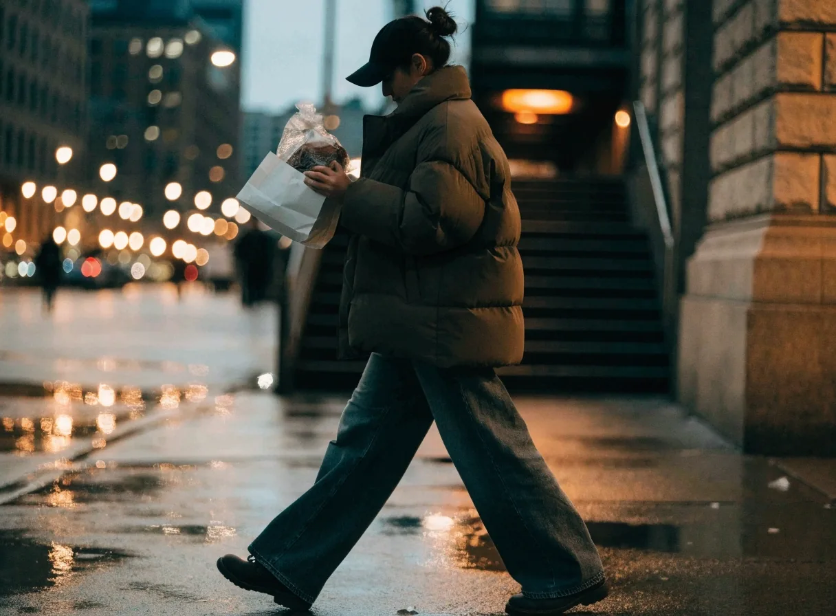 Wet Toronto sidewalk at night with warm light reflections