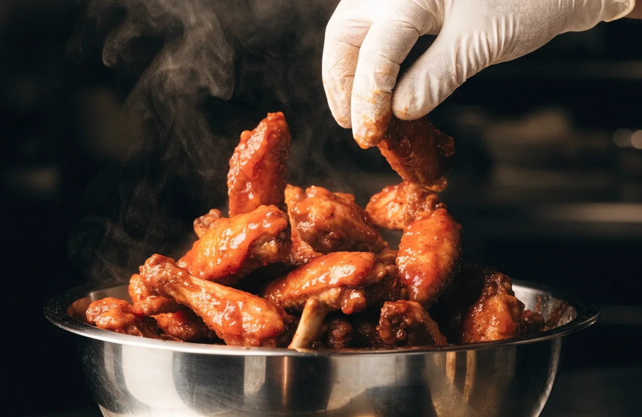 Hand tossing wings in sauce in a stainless bowl