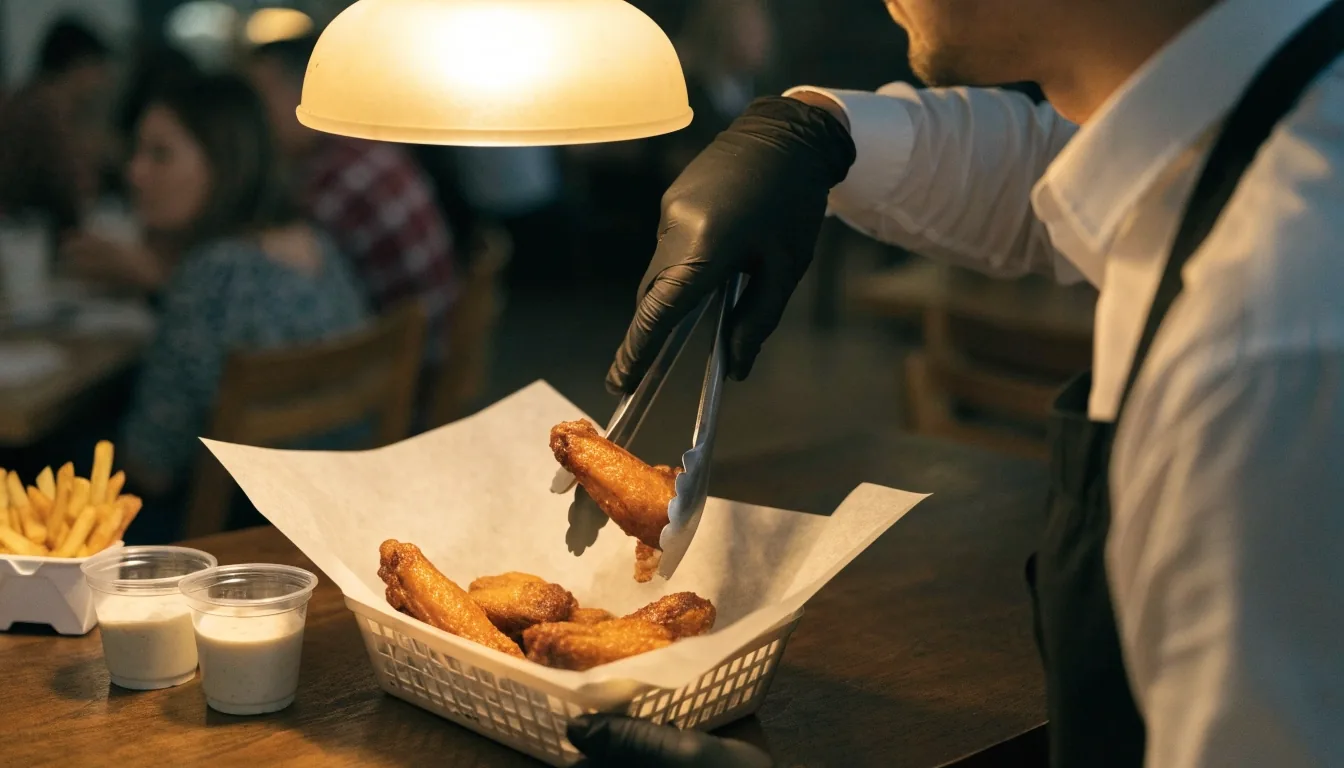 Sauce-glazed bone-in chicken wings under warm light