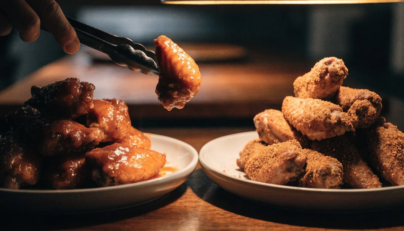Two plates of wings side by side, glossy sauced and dry-rubbed